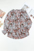 Khaki Plus Size Printed Long Sleeve Drawstring V Neck Blouse
